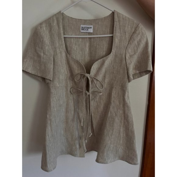 Matthew Bruch Tie Front Linen Top in Neutral - Picture 3 of 4
